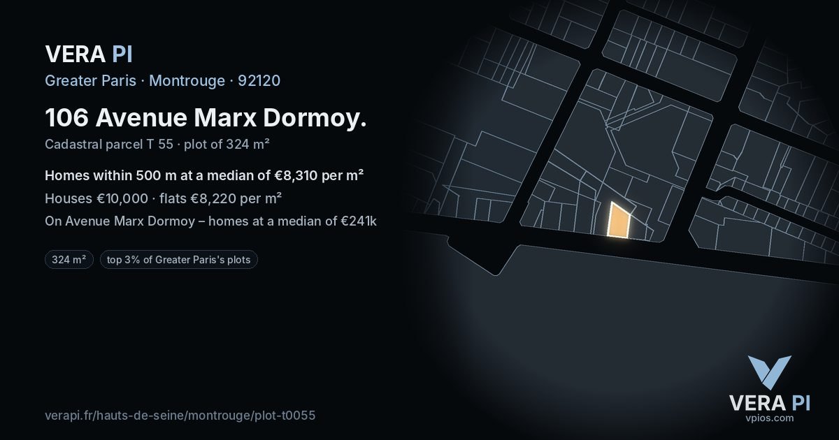 106 Avenue Marx Dormoy, Montrouge at night – the plot lit, the parcels around coloured by the prices near them