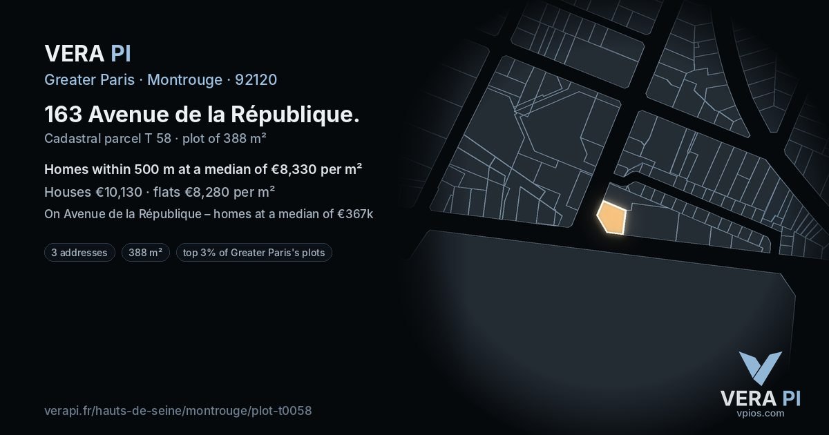 163 Avenue de la République, Montrouge at night – the plot lit, the parcels around coloured by the prices near them