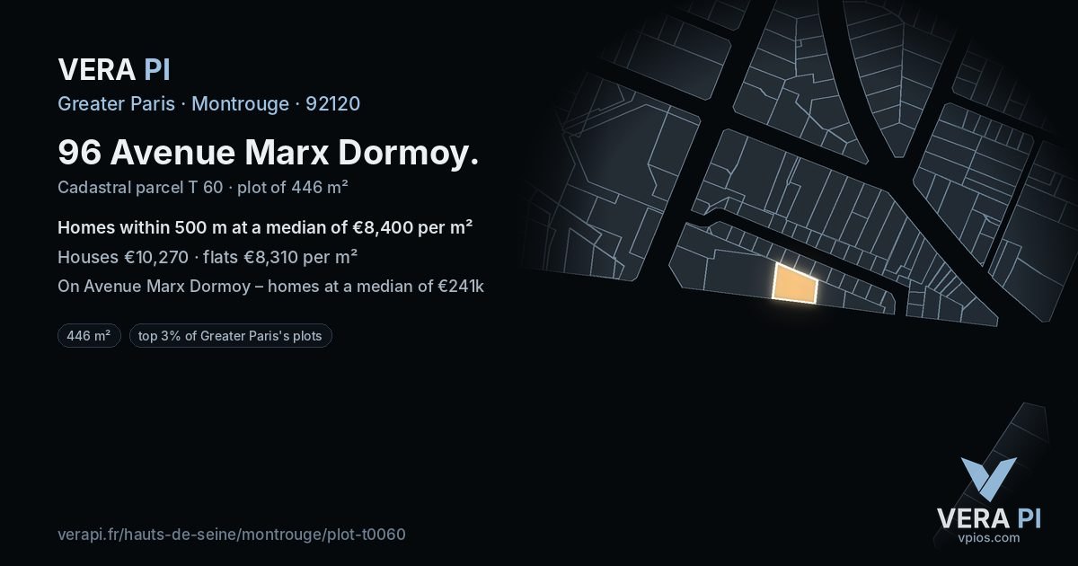 96 Avenue Marx Dormoy, Montrouge at night – the plot lit, the parcels around coloured by the prices near them