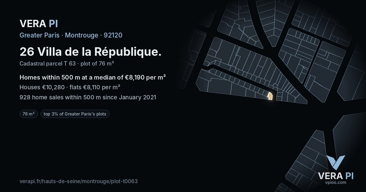 26 Villa de la République, Montrouge at night – the plot lit, the parcels around coloured by the prices near them