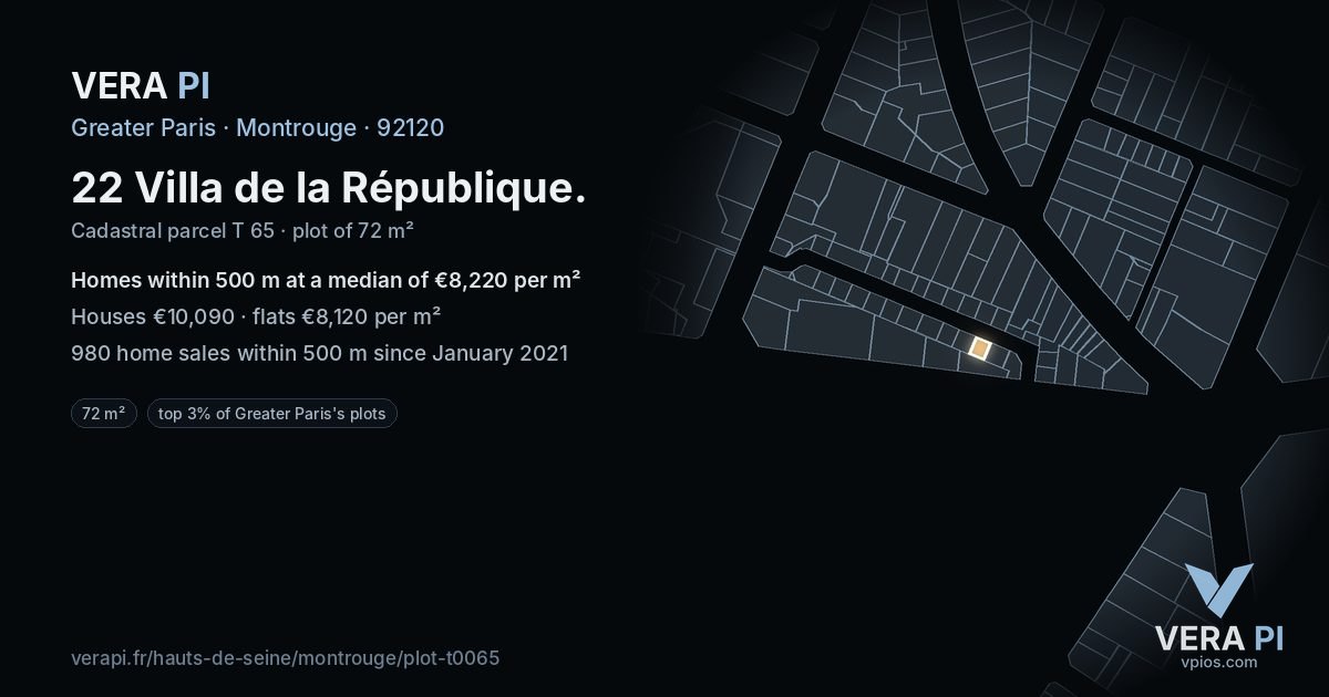 22 Villa de la République, Montrouge at night – the plot lit, the parcels around coloured by the prices near them