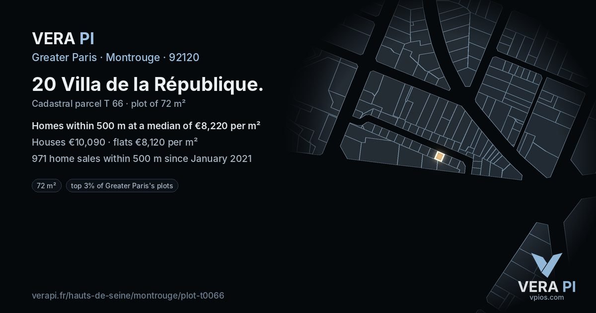 20 Villa de la République, Montrouge at night – the plot lit, the parcels around coloured by the prices near them
