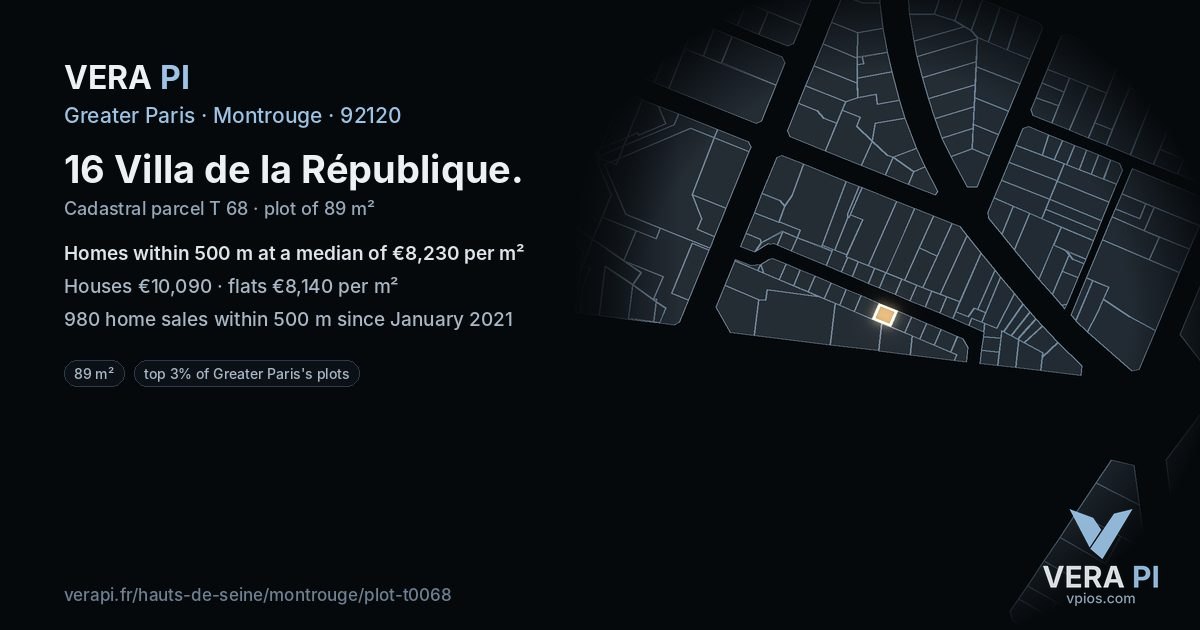 16 Villa de la République, Montrouge at night – the plot lit, the parcels around coloured by the prices near them