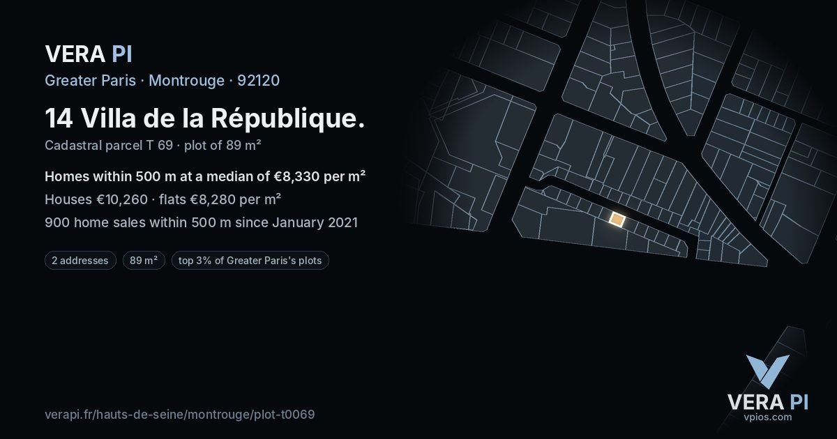 14 Villa de la République, Montrouge at night – the plot lit, the parcels around coloured by the prices near them