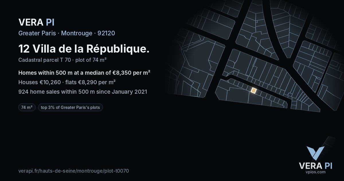 12 Villa de la République, Montrouge at night – the plot lit, the parcels around coloured by the prices near them