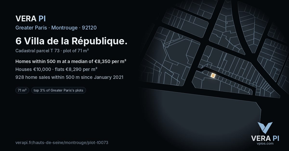 6 Villa de la République, Montrouge at night – the plot lit, the parcels around coloured by the prices near them