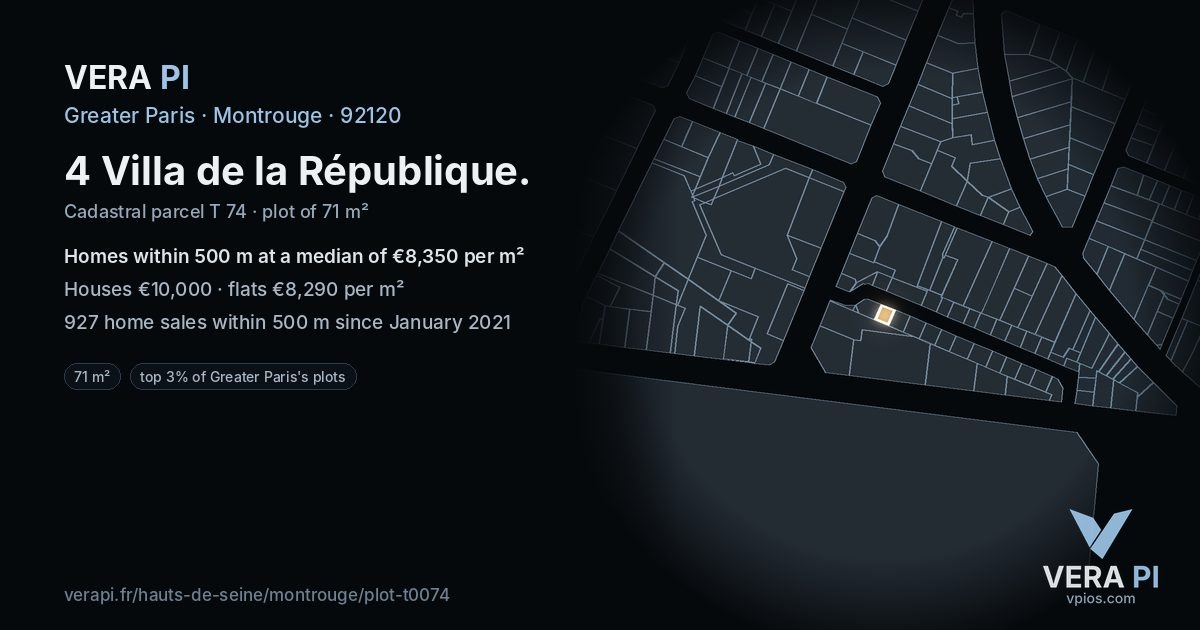 4 Villa de la République, Montrouge at night – the plot lit, the parcels around coloured by the prices near them