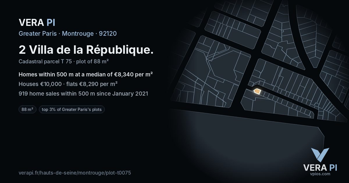 2 Villa de la République, Montrouge at night – the plot lit, the parcels around coloured by the prices near them
