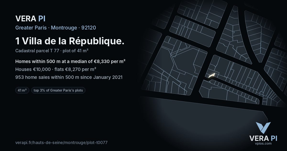 1 Villa de la République, Montrouge at night – the plot lit, the parcels around coloured by the prices near them