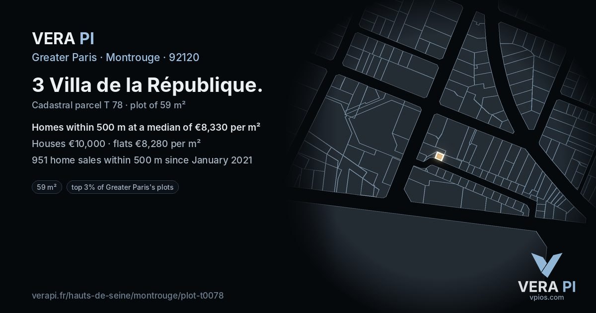 3 Villa de la République, Montrouge at night – the plot lit, the parcels around coloured by the prices near them