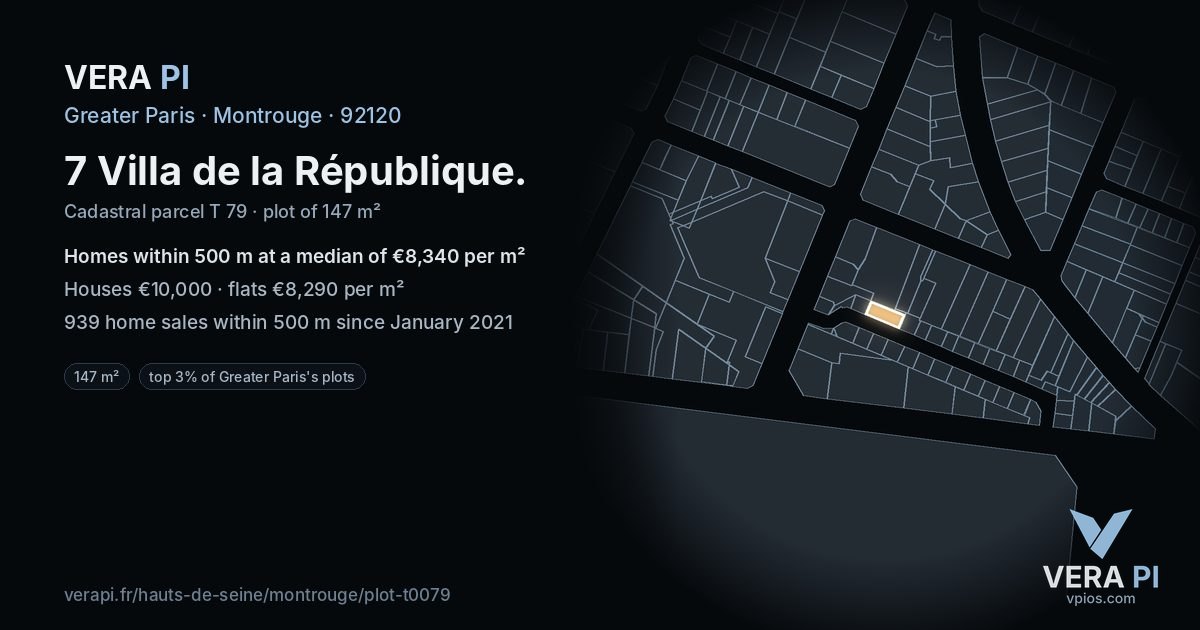 7 Villa de la République, Montrouge at night – the plot lit, the parcels around coloured by the prices near them