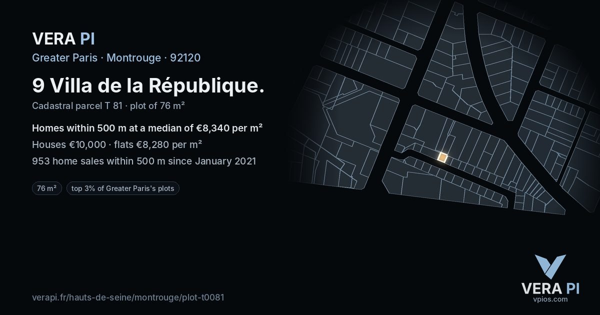 9 Villa de la République, Montrouge at night – the plot lit, the parcels around coloured by the prices near them