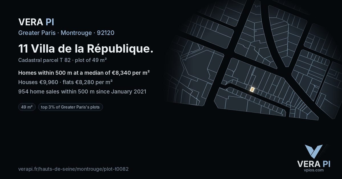 11 Villa de la République, Montrouge at night – the plot lit, the parcels around coloured by the prices near them