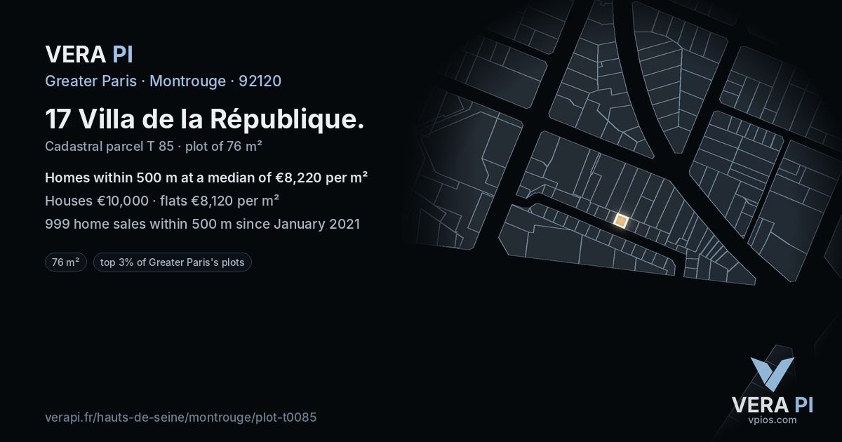 17 Villa de la République, Montrouge at night – the plot lit, the parcels around coloured by the prices near them