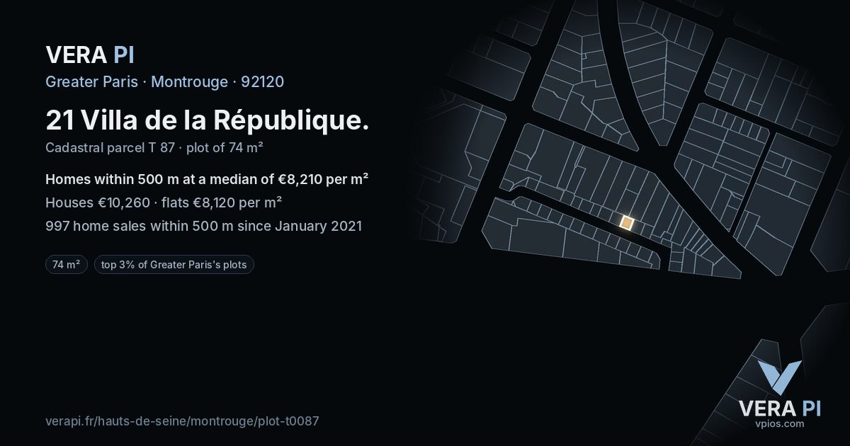 21 Villa de la République, Montrouge at night – the plot lit, the parcels around coloured by the prices near them