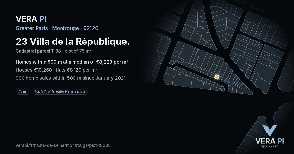 23 Villa de la République, Montrouge at night – the plot lit, the parcels around coloured by the prices near them