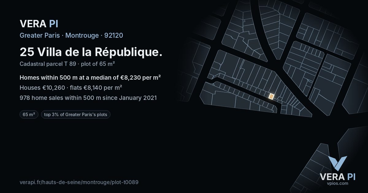 25 Villa de la République, Montrouge at night – the plot lit, the parcels around coloured by the prices near them