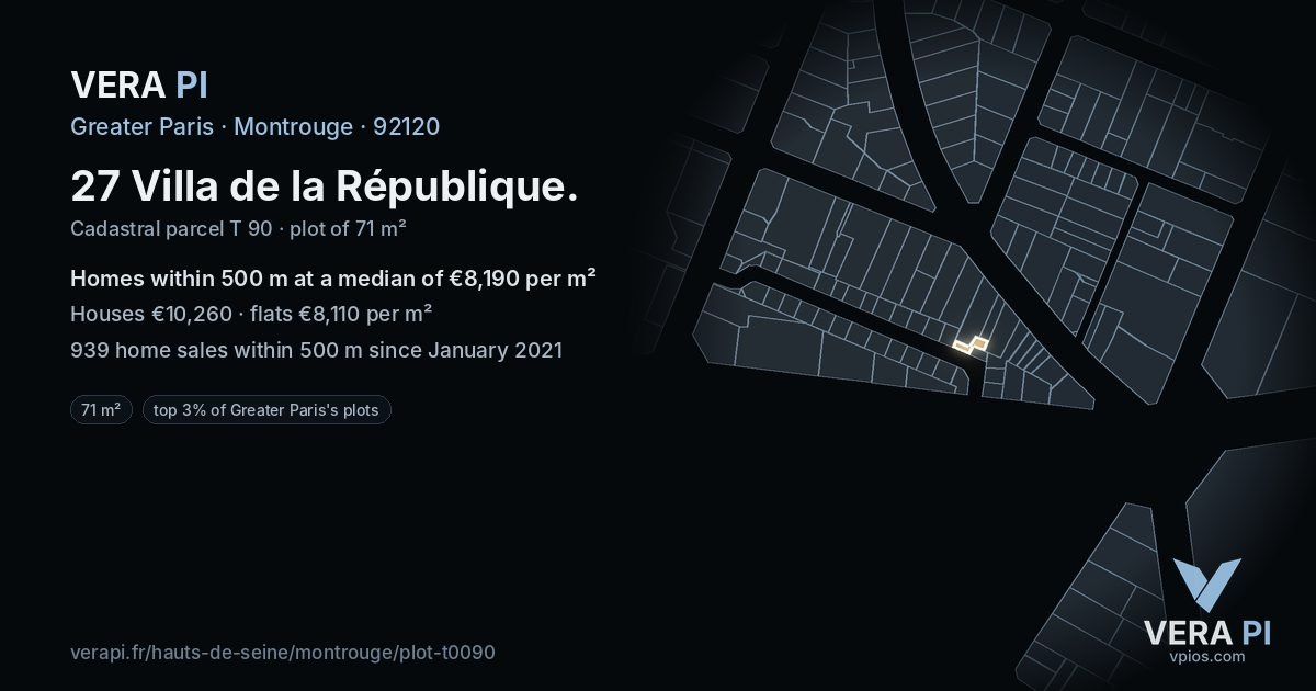 27 Villa de la République, Montrouge at night – the plot lit, the parcels around coloured by the prices near them