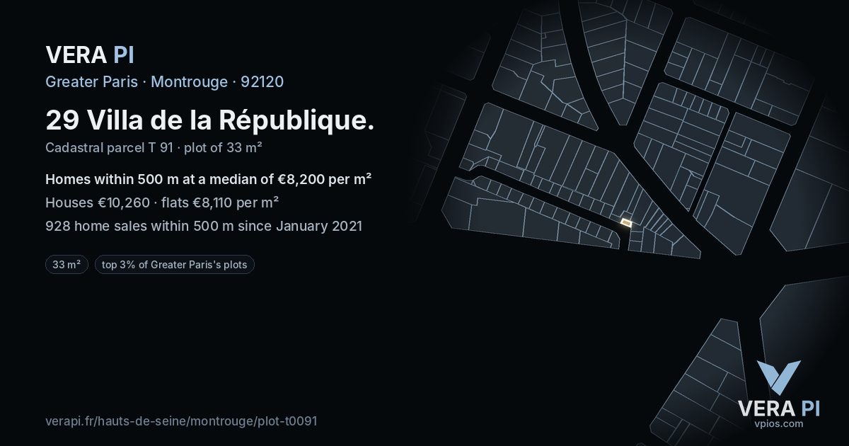 29 Villa de la République, Montrouge at night – the plot lit, the parcels around coloured by the prices near them