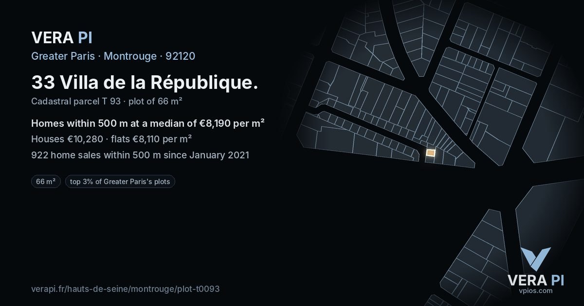 33 Villa de la République, Montrouge at night – the plot lit, the parcels around coloured by the prices near them