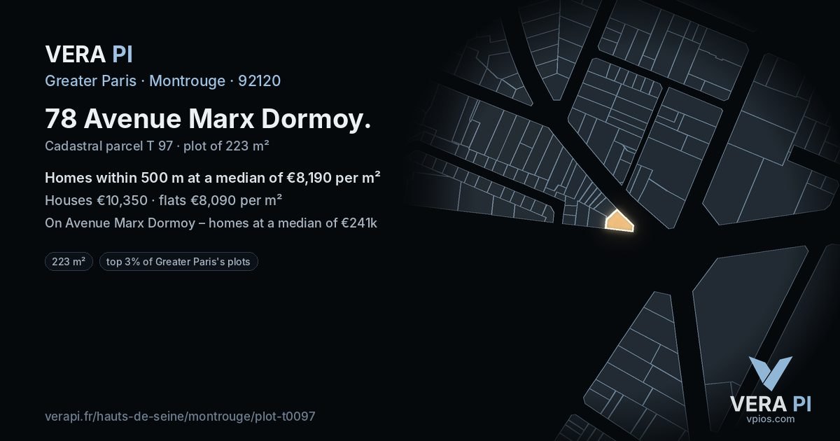 78 Avenue Marx Dormoy, Montrouge at night – the plot lit, the parcels around coloured by the prices near them