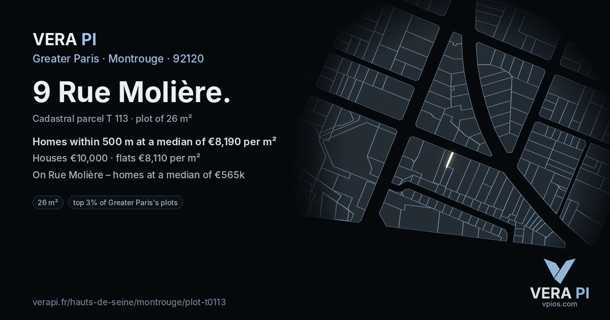 9 Rue Molière, Montrouge at night – the plot lit, the parcels around coloured by the prices near them