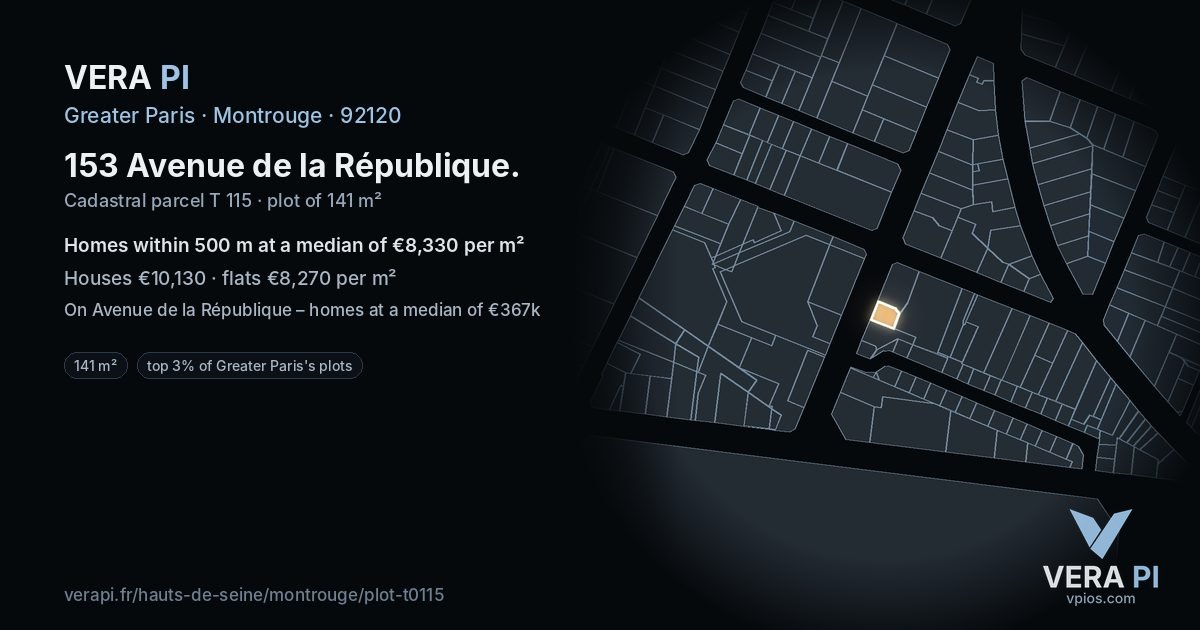 153 Avenue de la République, Montrouge at night – the plot lit, the parcels around coloured by the prices near them
