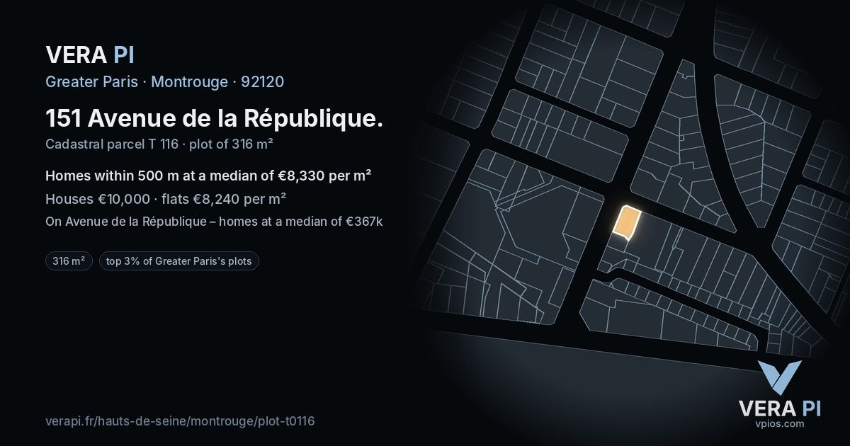 151 Avenue de la République, Montrouge at night – the plot lit, the parcels around coloured by the prices near them