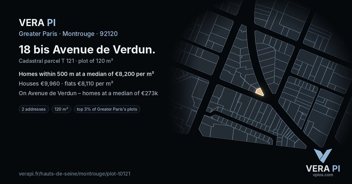 18 bis Avenue de Verdun, Montrouge at night – the plot lit, the parcels around coloured by the prices near them