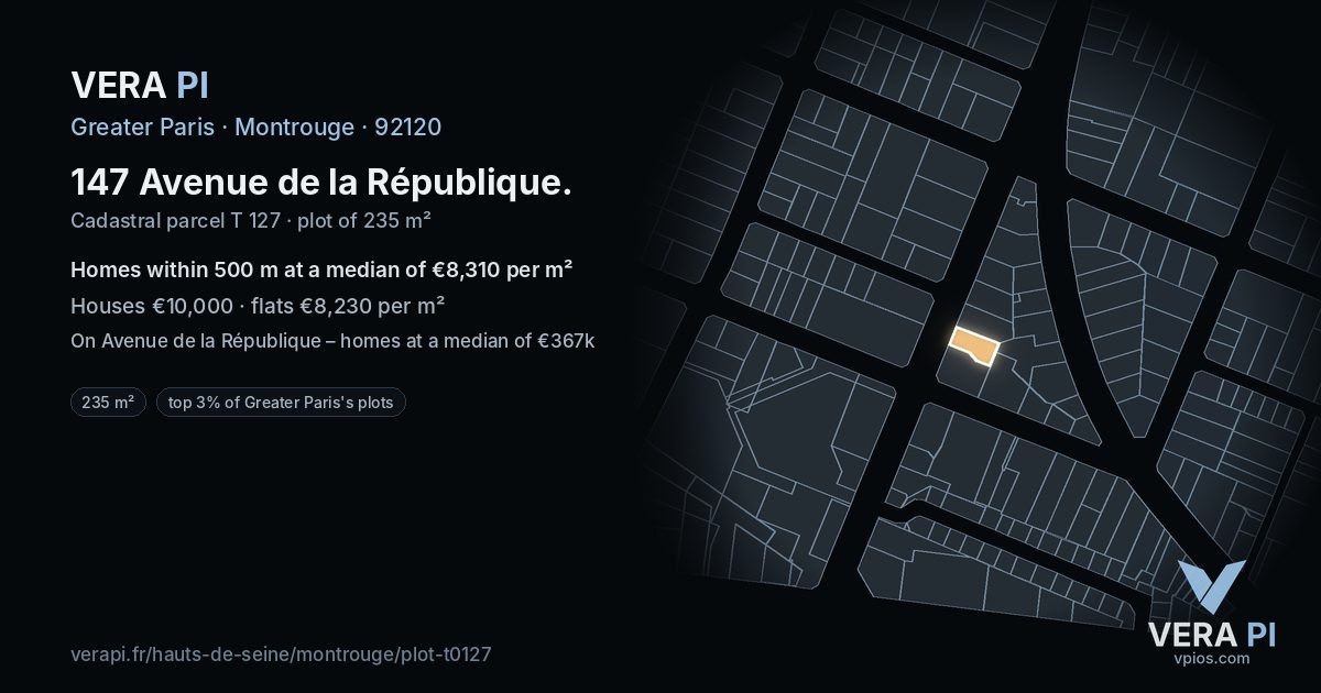 147 Avenue de la République, Montrouge at night – the plot lit, the parcels around coloured by the prices near them