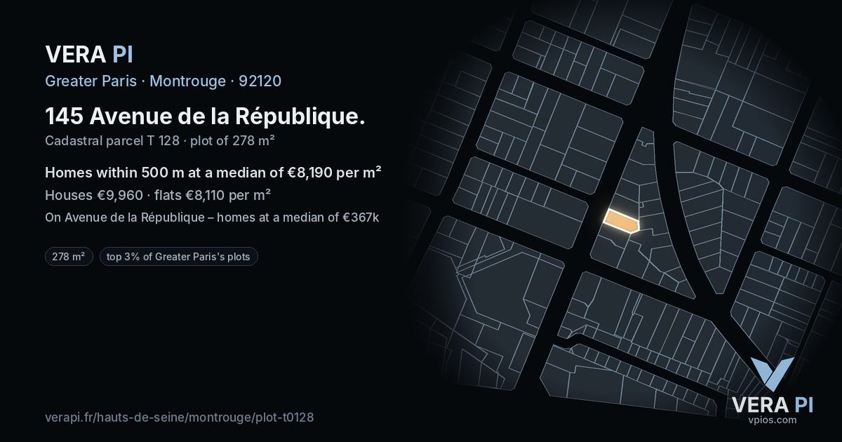 145 Avenue de la République, Montrouge at night – the plot lit, the parcels around coloured by the prices near them