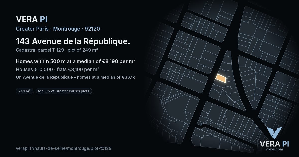143 Avenue de la République, Montrouge at night – the plot lit, the parcels around coloured by the prices near them