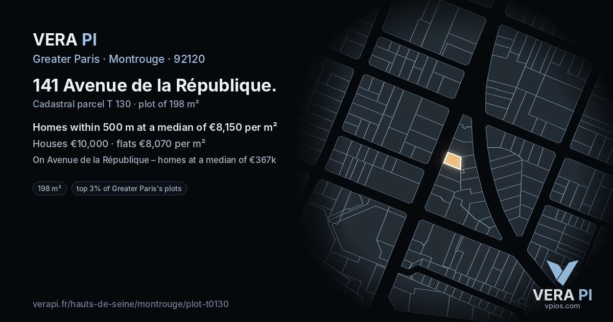 141 Avenue de la République, Montrouge at night – the plot lit, the parcels around coloured by the prices near them