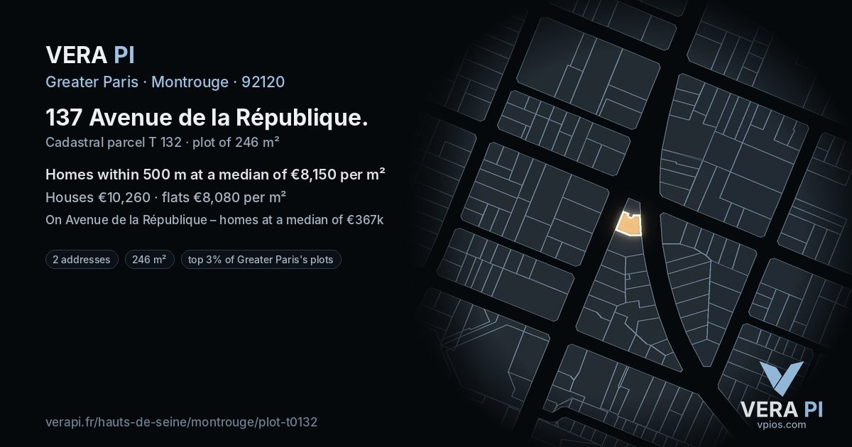 137 Avenue de la République, Montrouge at night – the plot lit, the parcels around coloured by the prices near them