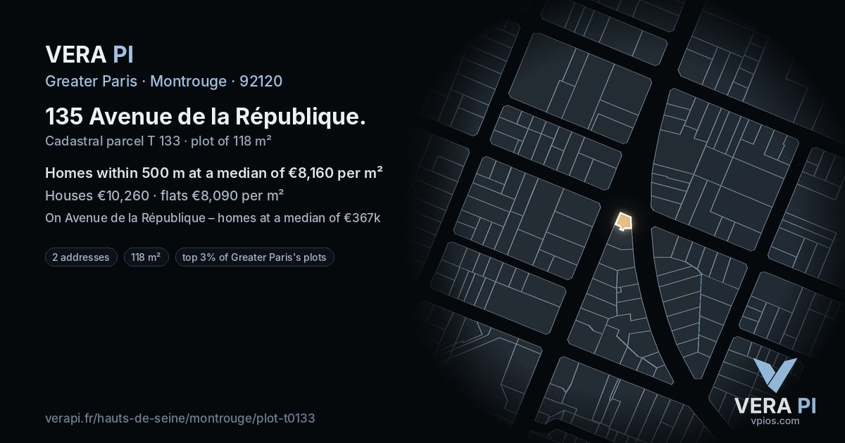 135 Avenue de la République, Montrouge at night – the plot lit, the parcels around coloured by the prices near them