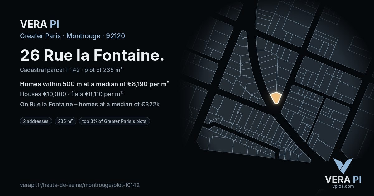 26 Rue la Fontaine, Montrouge at night – the plot lit, the parcels around coloured by the prices near them