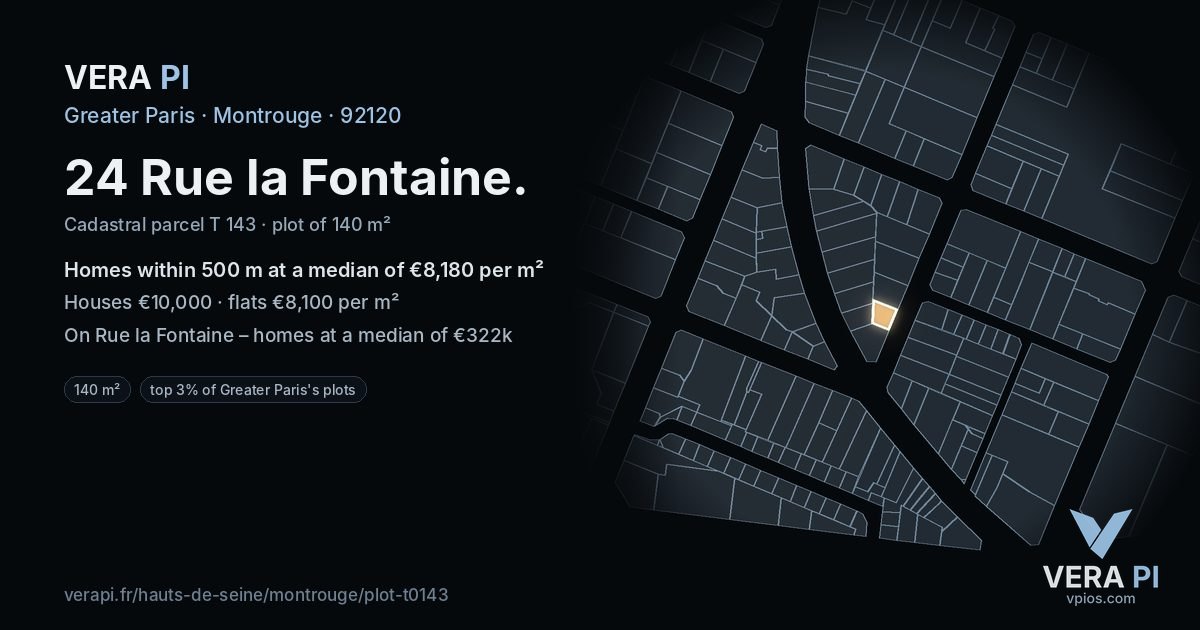 24 Rue la Fontaine, Montrouge at night – the plot lit, the parcels around coloured by the prices near them