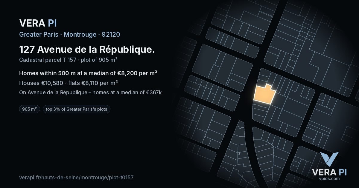 127 Avenue de la République, Montrouge at night – the plot lit, the parcels around coloured by the prices near them
