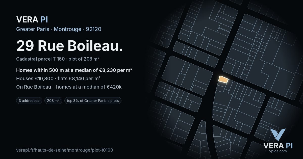 29 Rue Boileau, Montrouge at night – the plot lit, the parcels around coloured by the prices near them