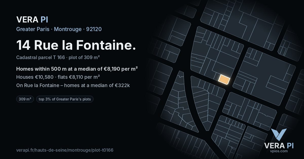14 Rue la Fontaine, Montrouge at night – the plot lit, the parcels around coloured by the prices near them