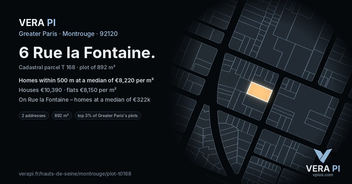6 Rue la Fontaine, Montrouge at night – the plot lit, the parcels around coloured by the prices near them