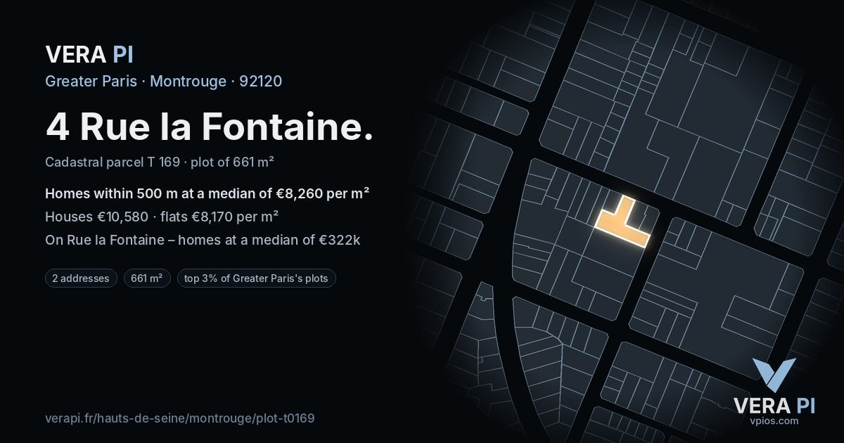4 Rue la Fontaine, Montrouge at night – the plot lit, the parcels around coloured by the prices near them