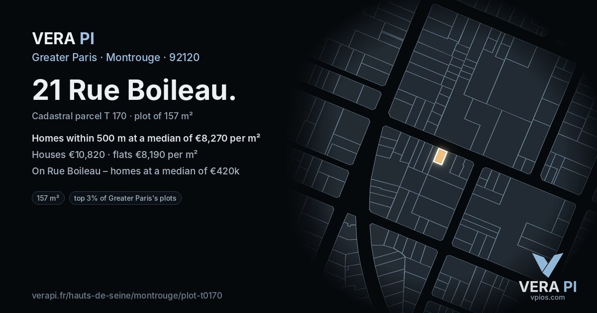 21 Rue Boileau, Montrouge at night – the plot lit, the parcels around coloured by the prices near them