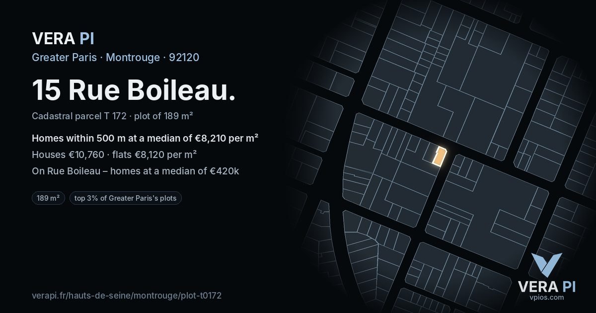 15 Rue Boileau, Montrouge at night – the plot lit, the parcels around coloured by the prices near them