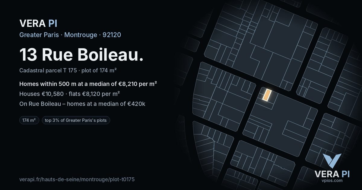 13 Rue Boileau, Montrouge at night – the plot lit, the parcels around coloured by the prices near them