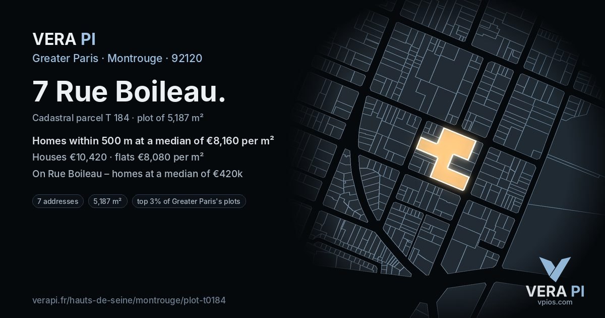 7 Rue Boileau, Montrouge at night – the plot lit, the parcels around coloured by the prices near them