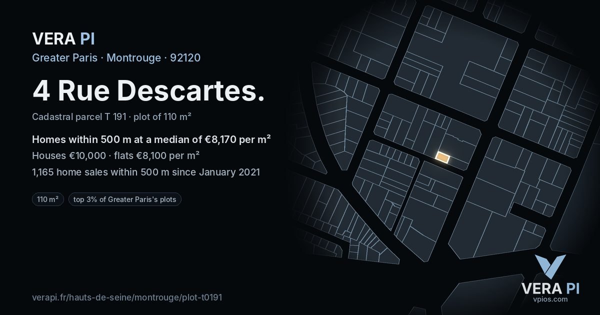 4 Rue Descartes, Montrouge at night – the plot lit, the parcels around coloured by the prices near them