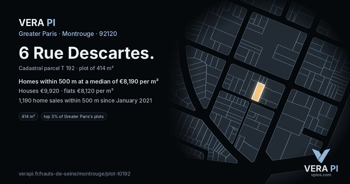 6 Rue Descartes, Montrouge at night – the plot lit, the parcels around coloured by the prices near them