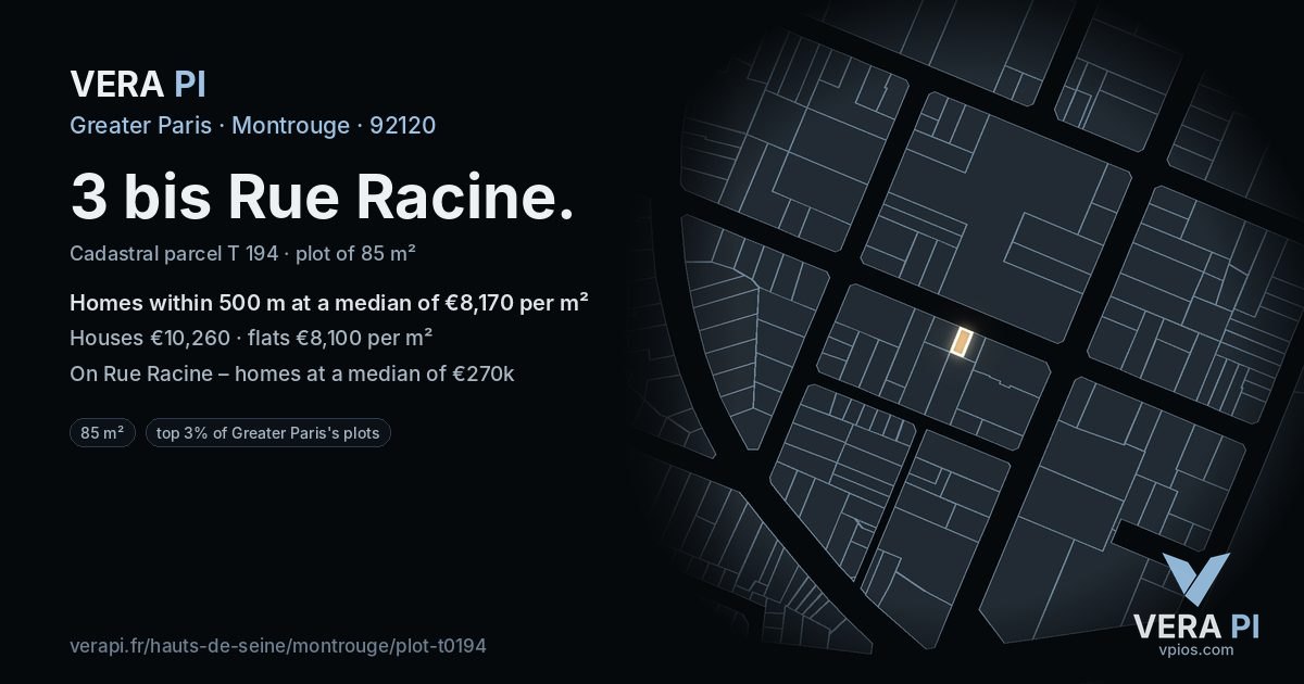 3 bis Rue Racine, Montrouge at night – the plot lit, the parcels around coloured by the prices near them