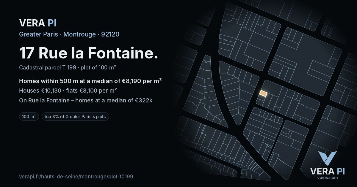 17 Rue la Fontaine, Montrouge at night – the plot lit, the parcels around coloured by the prices near them
